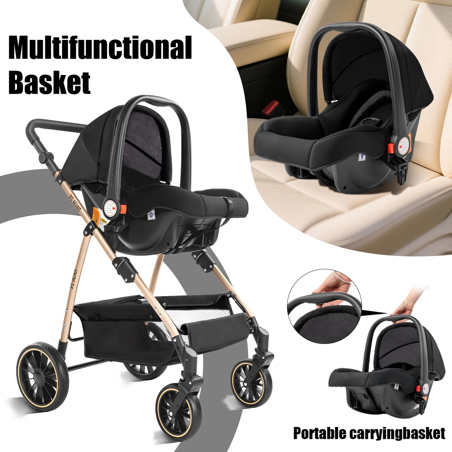 3-in-1 Baby Stroller with Bassinet & Car Seat Mode, 5-Point Harness, One-Hand Fold & Lightweight Design for Compact Storage