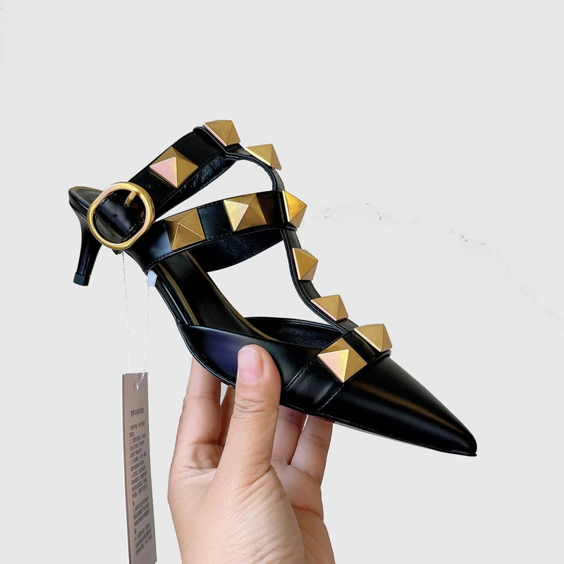 Women's Fashion Rivet High Heels 2023 Spring/Summer New Baotou Sandals Pointed Single Shoes