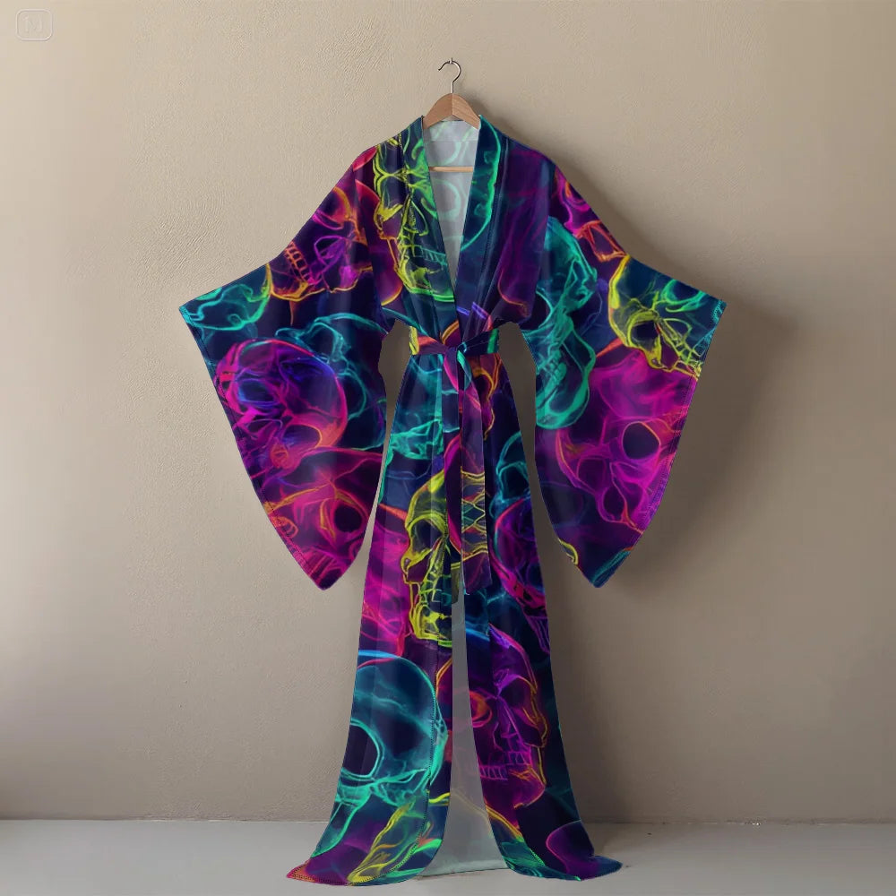 Halloween Cosplay Women's Sexy V-Neck Robe with Abstract Ghost Print - Long Sleeve Party Costume Unique Vampire Witch Long Robe