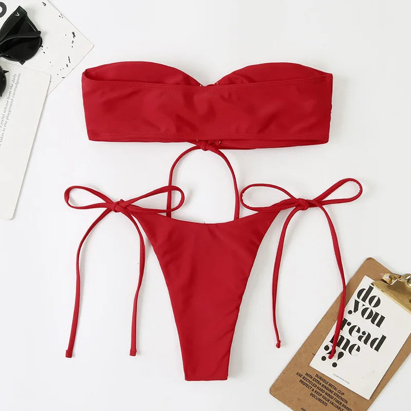 Sexy Bandeau Bikini Swimwear Women Red Black Pleate Lace Up Swimsuit 2026 Cut Out Beach Bathing Suit Tie Side Thong Bikinis Sets