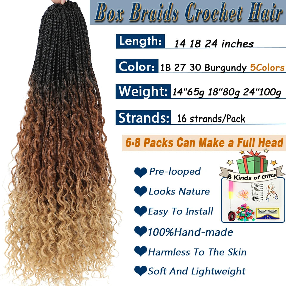 14 18 24 Inch Boho Box Braids Crochet Braids Curly Ends 1B 30 27 #4 Bug 8 Colors Ombre Goddess Bohemian Box Braids Crochet Hair