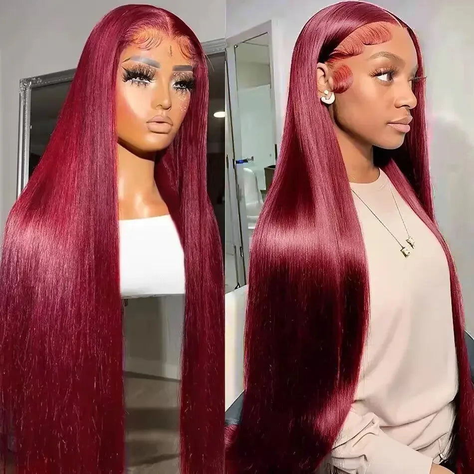 99J Red Burgundy Color Straight 13X4X1 HD Full Lace Frontal Wigs For Women Preplucked With Baby Hair Heat Resistant Fiber  Soft