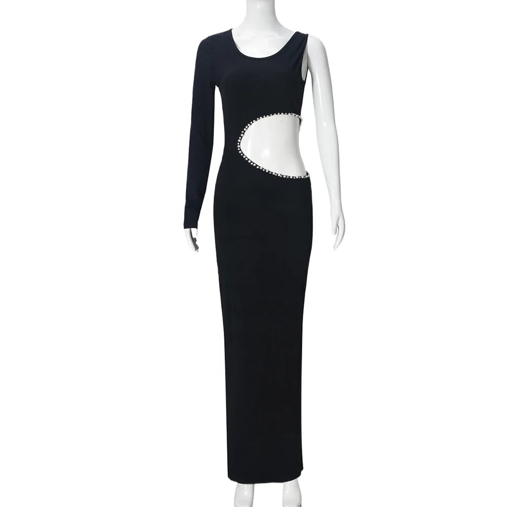 Sexy Slant Shoulder Cut Out Bodycon Maxi Dress Women Diamond Pearl Trim Luxury Party Vestido 2025 Summer Night Prom Clothes