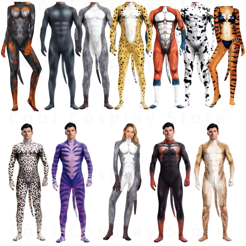 Halloween Costume  Adult Mens Wild Animal Cosplay Costume Full Cover 3D Print Beast Petsuit Jumpsuit Bodysuit Tail