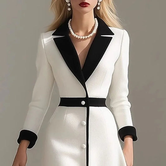 French Color Block Notched Collar Blazer Dresses Woman Button Decoration A-Line Office Dress Fall 3/4 Sleeve Elegant Party Dress