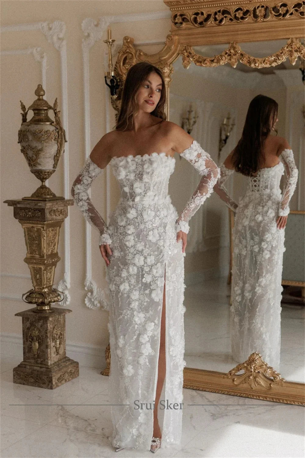 Tokyo Customized White Off the Shoulder Wedding Dress Long Sleeve Side High Split Lace-Up Bridal Gown Floor-Length Wedding Gown