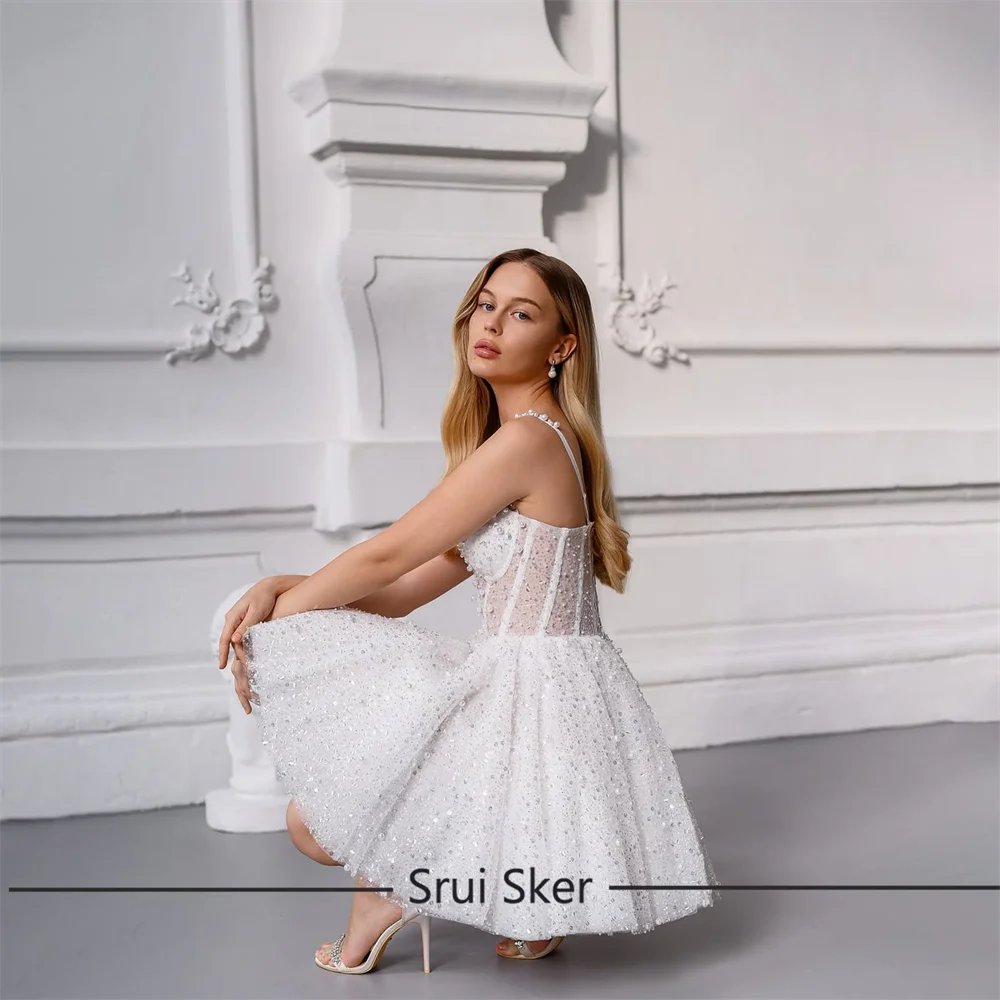 Spaghetti Straps Beading Wedding Party Dress with Sequin Pearls Sleeveless Short Wedding Gowns Lace up Mini Bridal Gown