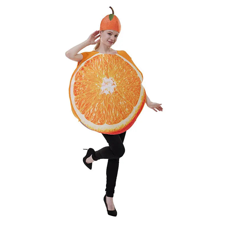 Halloween fun fruit slice costume for adults - wearing an orange outfit as a vegetable at a party in a bar for a performance.