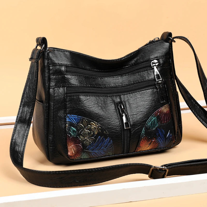 Luxury Soft Leather Women Messenger Shoulder Handbags and Purses Flowers Multi-pocket Crossbody Mommy Bag Ladies Sac 2022 New