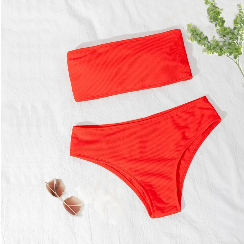 Solid Color Strapless Bikini Set Backless Sexy Swimsuit High Waist Adjustable Women Swimwear Summer