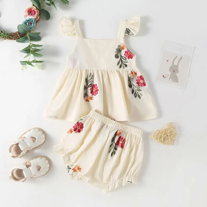 MILANCEL New Baby Summer Clothes Infant Girl's Floral Puff Sleeve Bodysuit Toddler Tee And Shorts 2PCS Sets ﻿Children's Outfit
