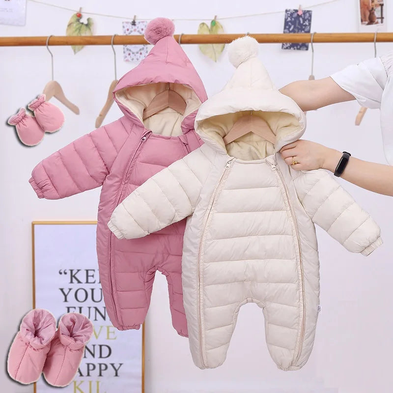 OLEKID 2025 Newborn Baby Jumpsuit Hooded Plus Velvet Warm Baby Boys Snowsuit Toddler Snow Suit Baby Girl Cotton Overalls Rompers