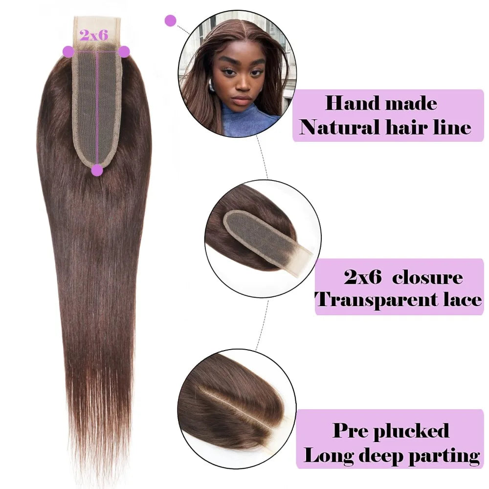 Color 2 Dark Brown Straight 2x6 Human Hair Lace Closure Long Deep Parting Brazilian Virgin Hair 10-22 Inch 150% Density Full End