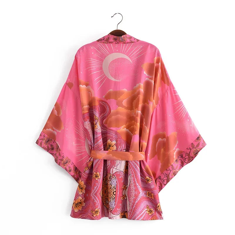 Happie Queens Vintage Star and Moon Floral Print Sashes Women Bohemian V Neck Batwing Sleeves Happie Short Robe Kimono