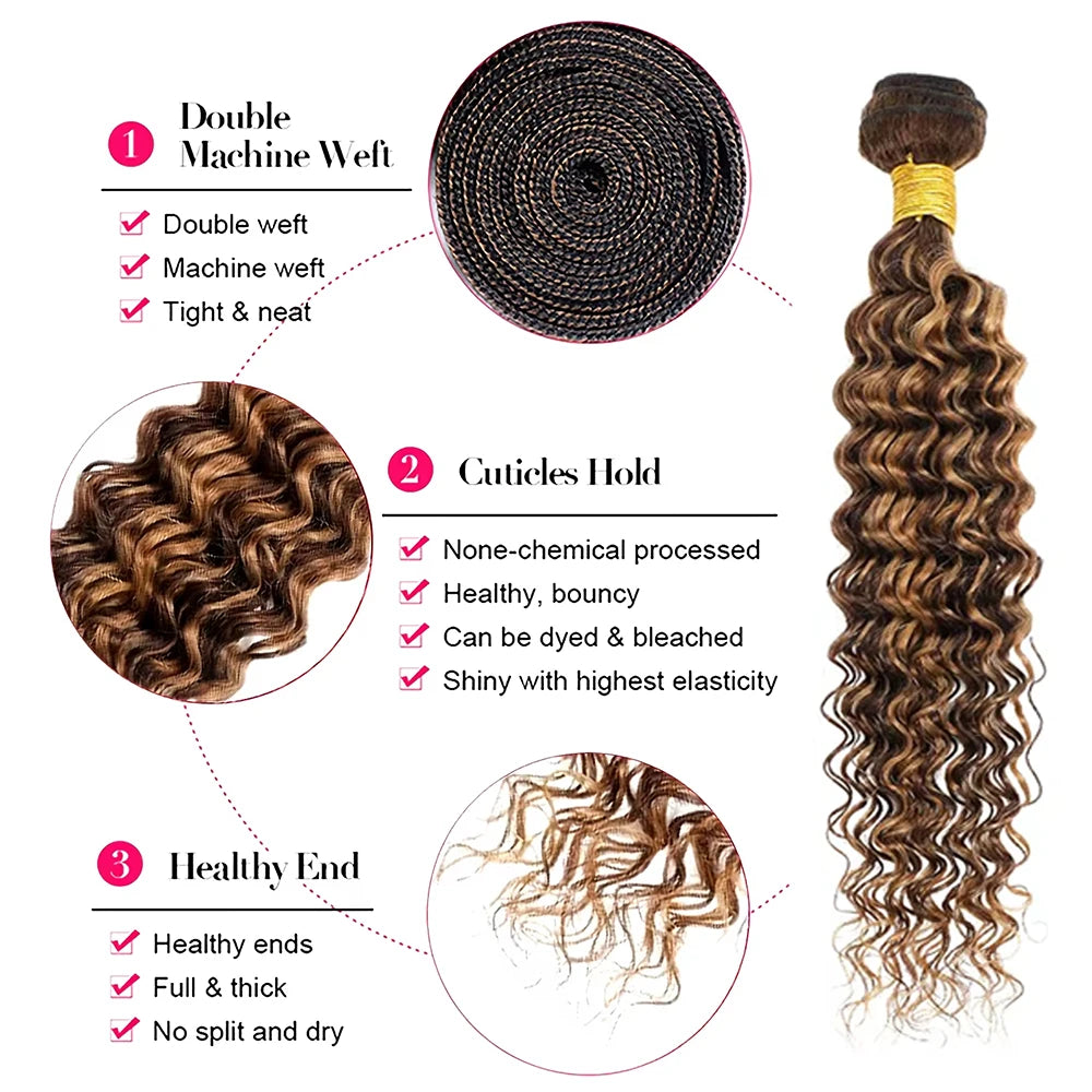 4/27 Deep Wave Highlight Burmese Curly Hair Bundles Honey Blonde Brown Curly Hair Weave 1/3/4 Bundles Deal Virgin Hair Extension