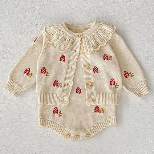Autumn Winter Newborn Baby Girls Knitting Clothing Set Floral Embroidery Cardigan+Jumpsuit Infant Baby Knitted Clothes Suit