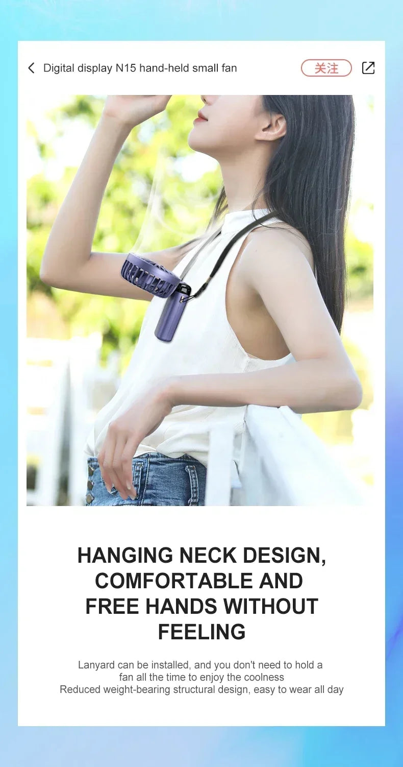Portable Handheld Mini Fan Foldable Neck Hanging Fans 1800mAh 5 Speed USB Rechargeable Fan with Phone Stand and Display Screen