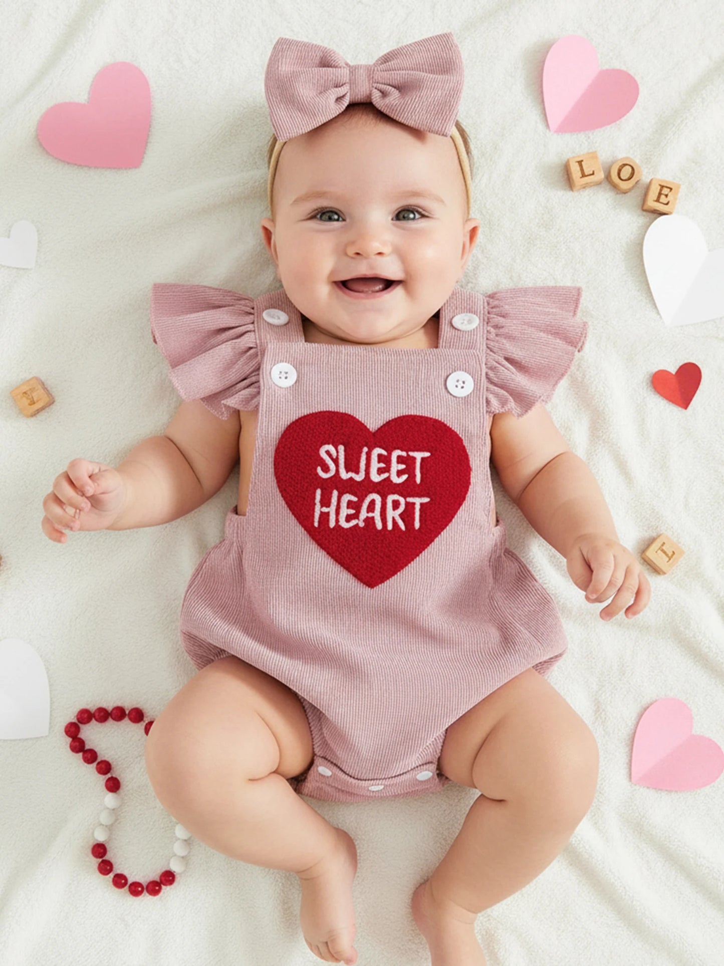 Baby Girl Valentines Outfit Letter Love Heart Embroidered Ruffled Trim Flying Sleeve Romper and Bow Headband 2 Pcs Set