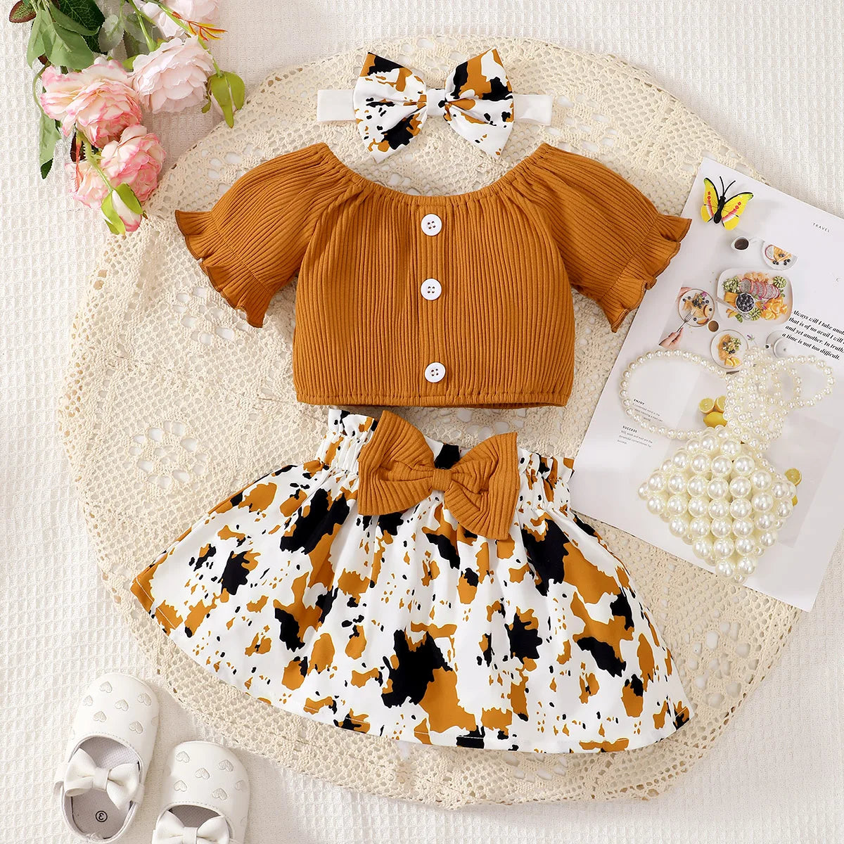 Baby Girl Summer Two-Piece Set Cute Casual one Shoulder Buckle Bow Short Skirt Set Headband Two-Piece Set