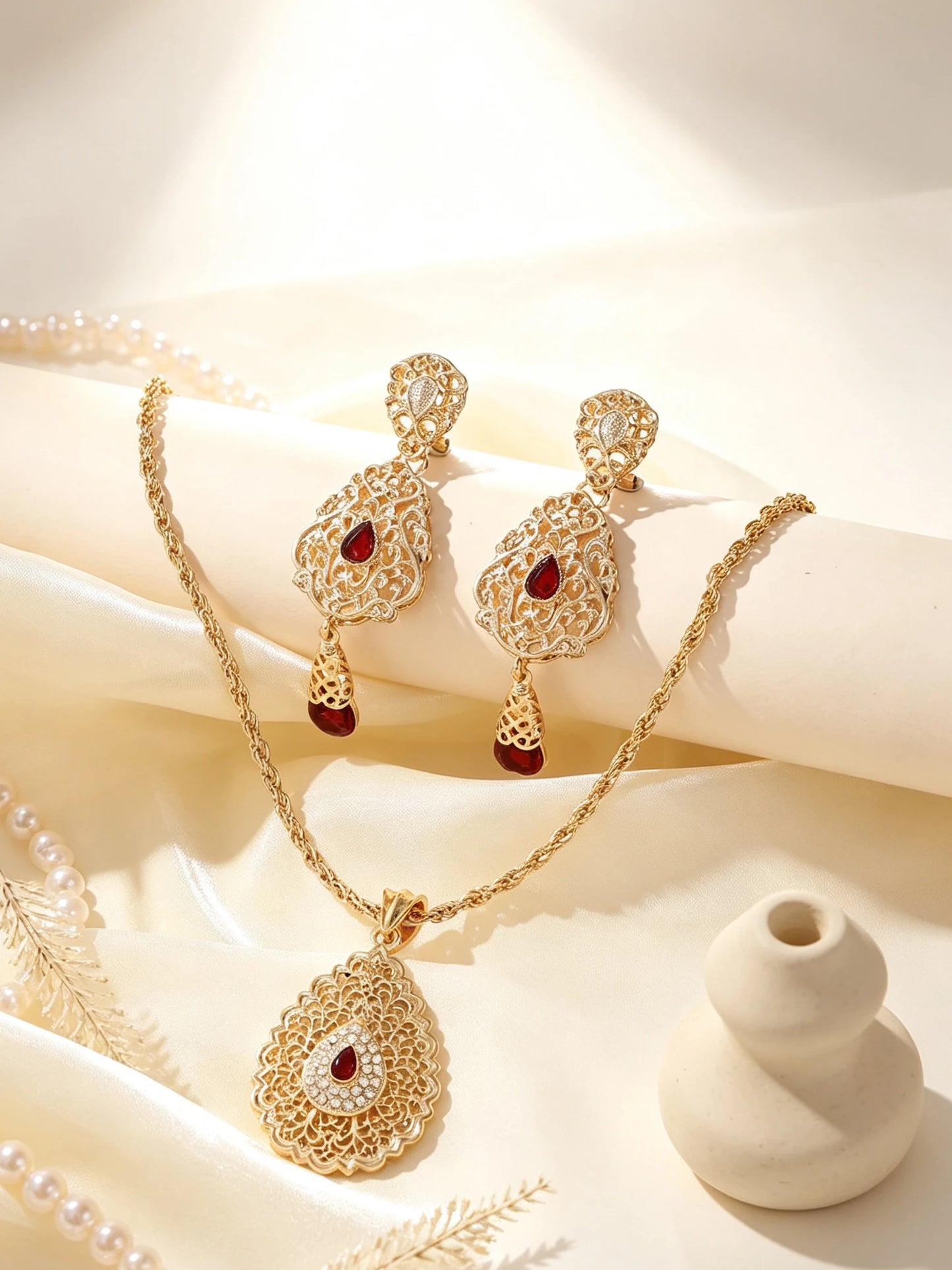 Moroccan Gold Jewelry Set Filigree Pendant Necklace Earrings Brooch For Women Arabic Wedding Party Zinc Alloy Ornament Gift