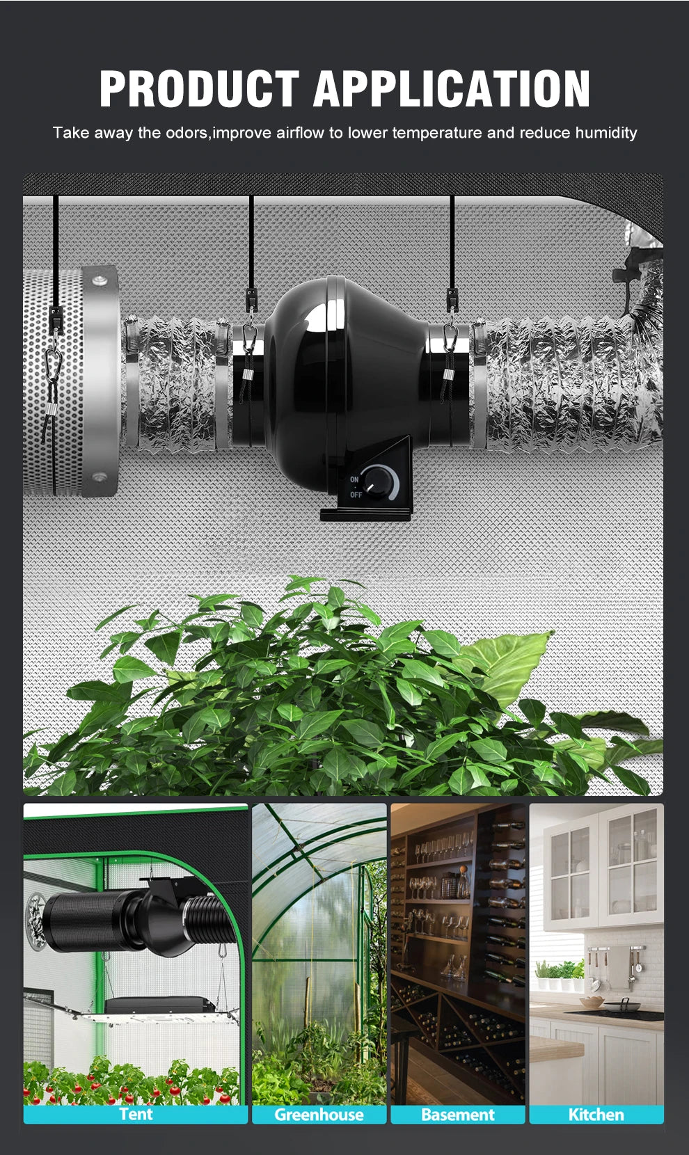 4'' EC Duct Ventilation Fan, Duct Mount Fan with Adjustable Speed Controller, Cooling Fan For Greenhouse Grow Tent Ventilation