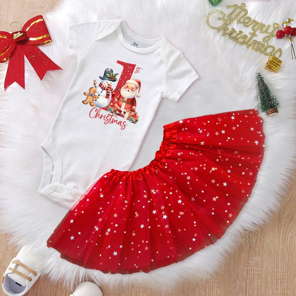 My First Christmas Baby Romper & Tutu Set Deer Print Girls Outfit Infant Baptism  Bodysuit Dress Xmas Outfits Skirt 2pcs
