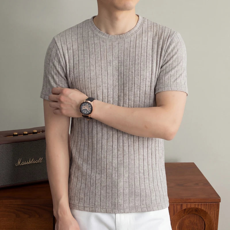 Men's Minimalist Crew Neck Ribbed T Shirt Comfortable Elastic Fabric Short Sleeve For Office And Casual Wear