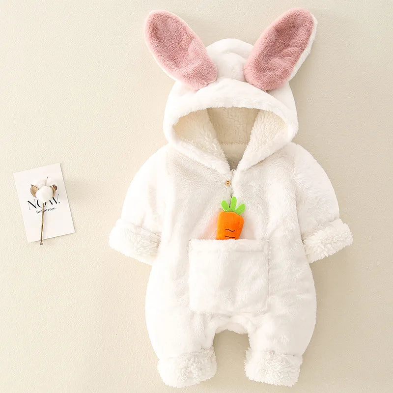 ZOETOPKID Baby Rompers Winter Warm Coral Fleece Newborn Boys Girls Clothes Cartoon Rabbit Coats Infant Jumpsuit Animal Overalls