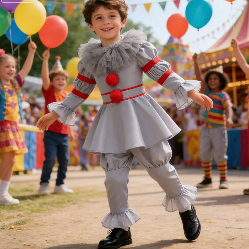Halloween Costume Girl	Scary Clown Cosplay Costume Long Sleeve Dress+Pants 2pcs Sets For Children Carnival Pennywise Costume