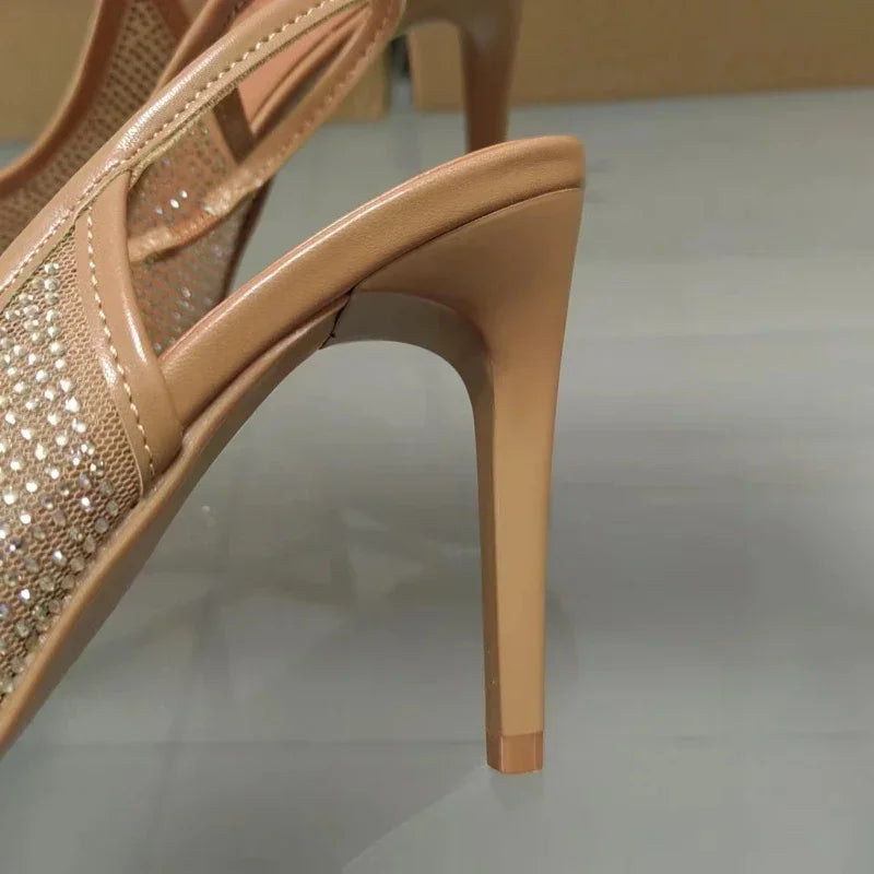 Luxury Designer Rhinestone Heeled Sandals Women Sexy Pointed Toe Mesh Breathable Thin High Heels Elegant Party Dress Pumps Shoes