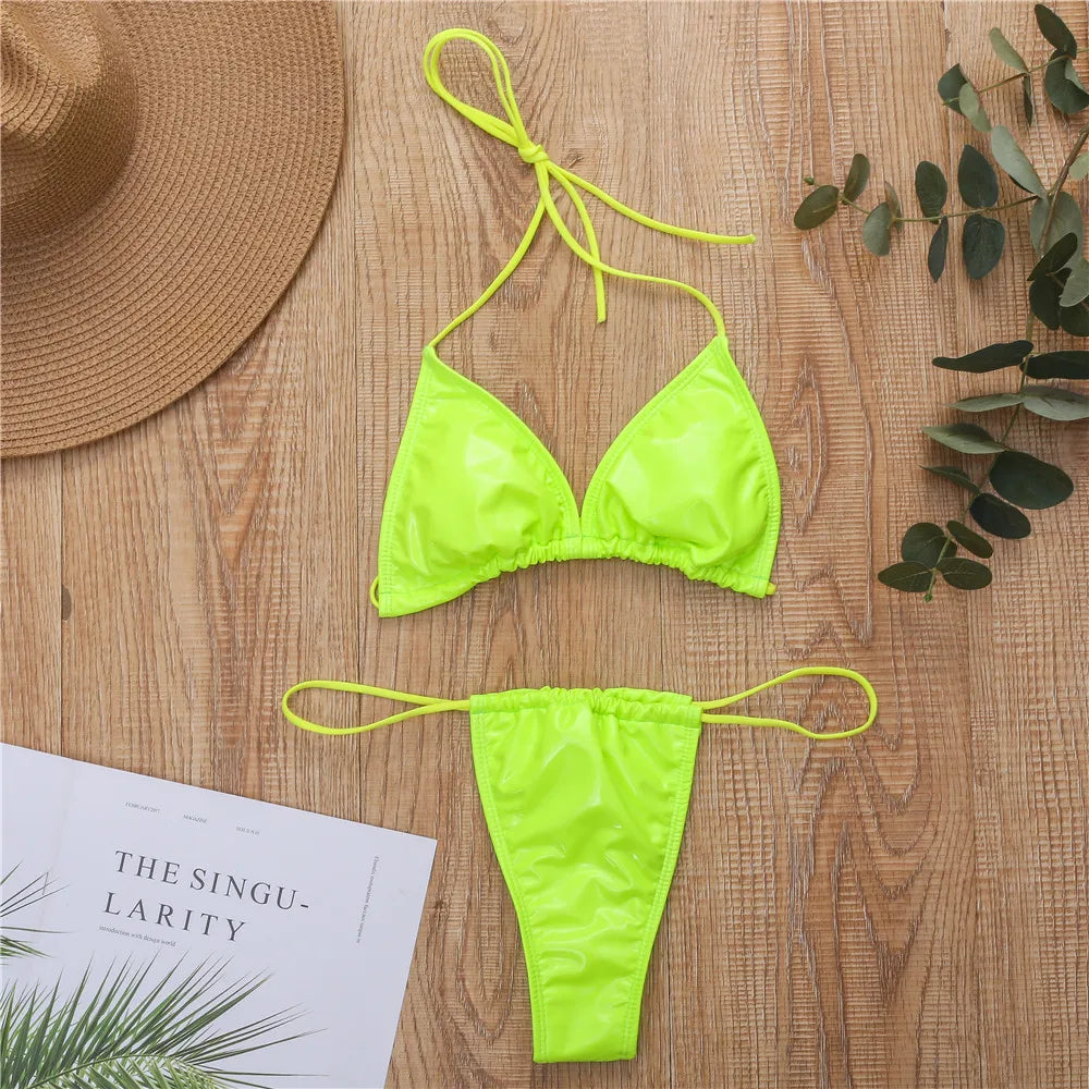 Shiny PU Mini Micro Bikini 2025 Women Swimsuit Female Brazilian Swimwear Two Pieces Bikini Set High Cut Bathing Suit Swim Lady
