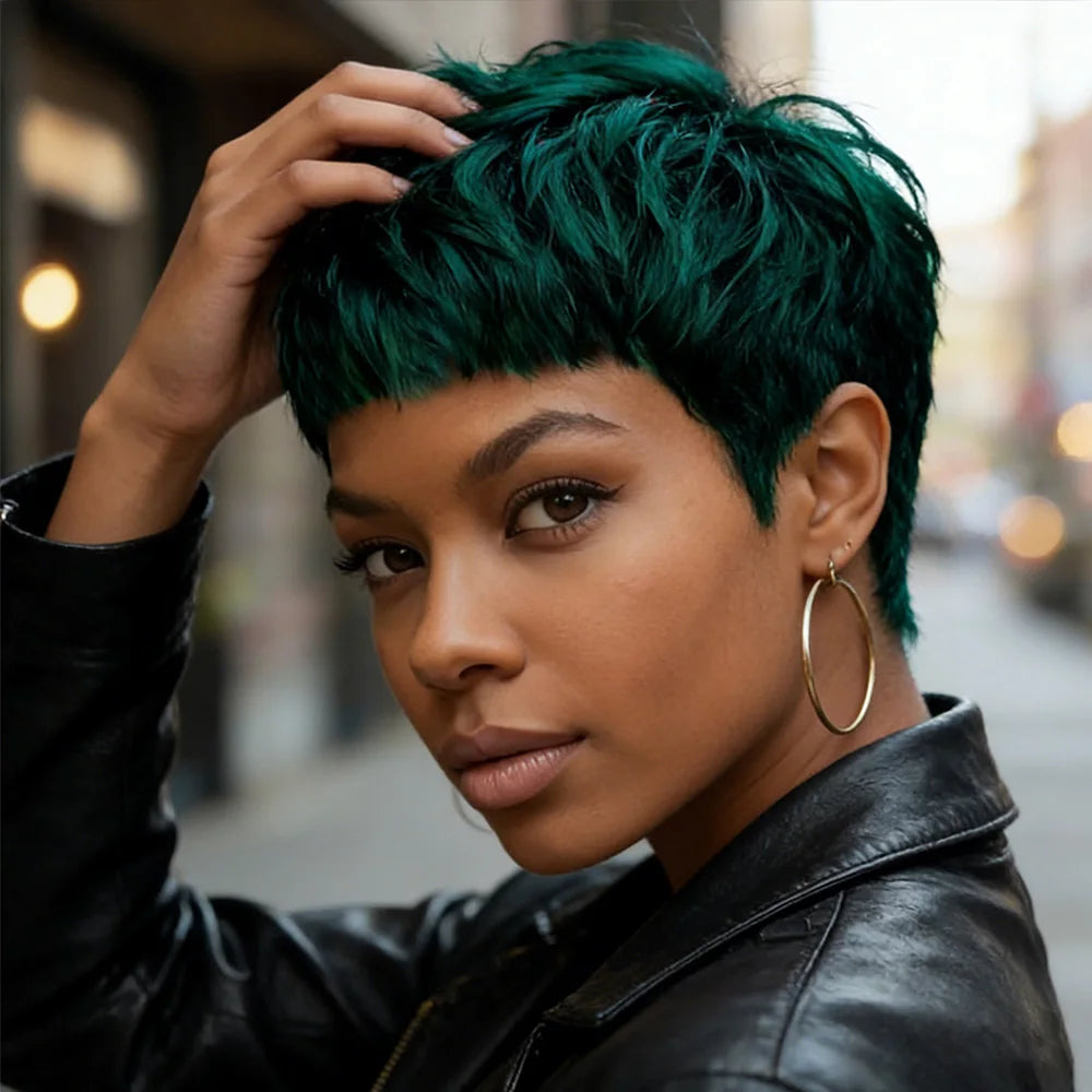 Green Short Straight Layered Bangs Hight Density Pixie Cut Human Hair Wig For Women Full Machine Made Wig