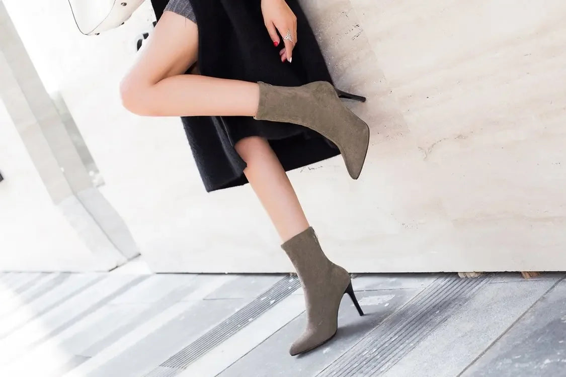 2024 Women Boots Short High Heels Shoes for Women Autumn Suede Imitation Leather Ankle Boots Black Sock Women Heels Boots Female