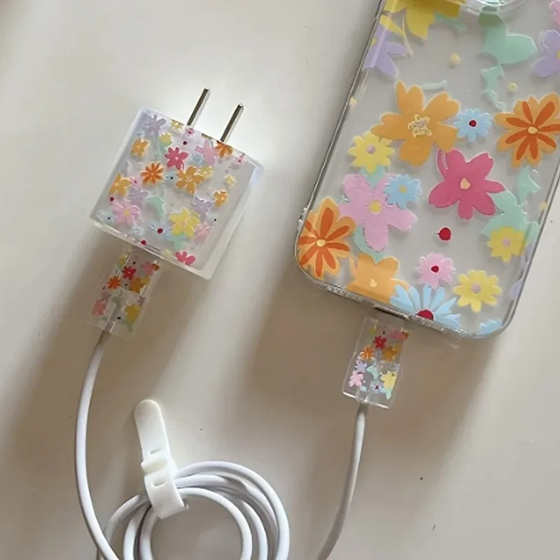 Fashion Flowers Print Charging Data Cable Protector Case For iPhone 18W 20W Charger Protective Cover Winder Accessories Sleeve