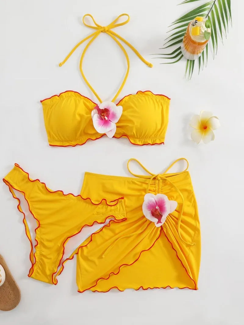Neck Bikini with Skirt 3D Flowers Halter Bikini Female Swimsuit Women Swimwear 3 Piece Bikini Set Bather Bathing Suit Swim