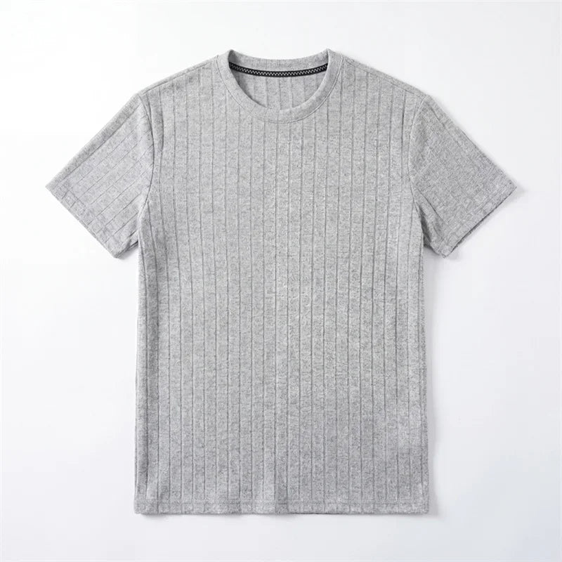 Men's Minimalist Crew Neck Ribbed T Shirt Comfortable Elastic Fabric Short Sleeve For Office And Casual Wear