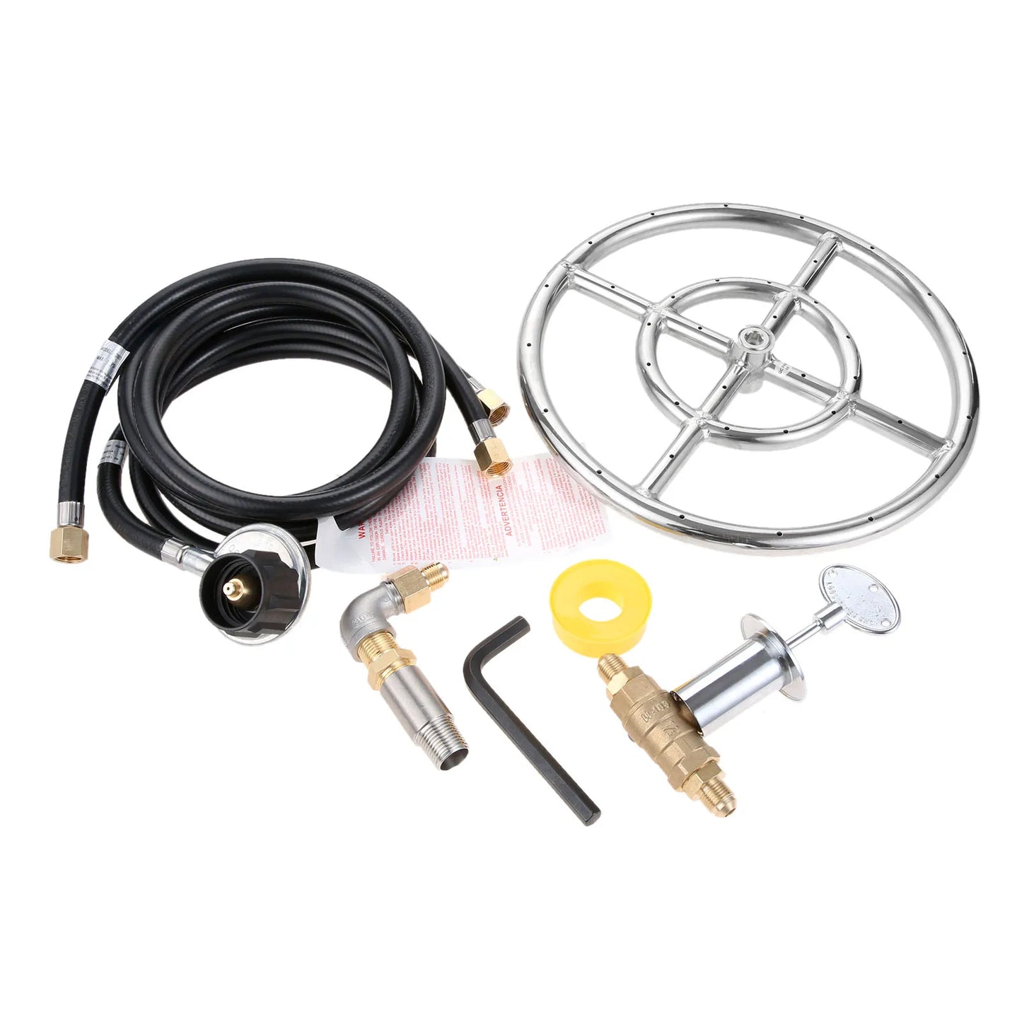 12" LP Propane Gas Fire Pit Stainless Steel Burner Ring Installation Kit with Regulator Hose and 1/2" Key Control Valve 90000BTU