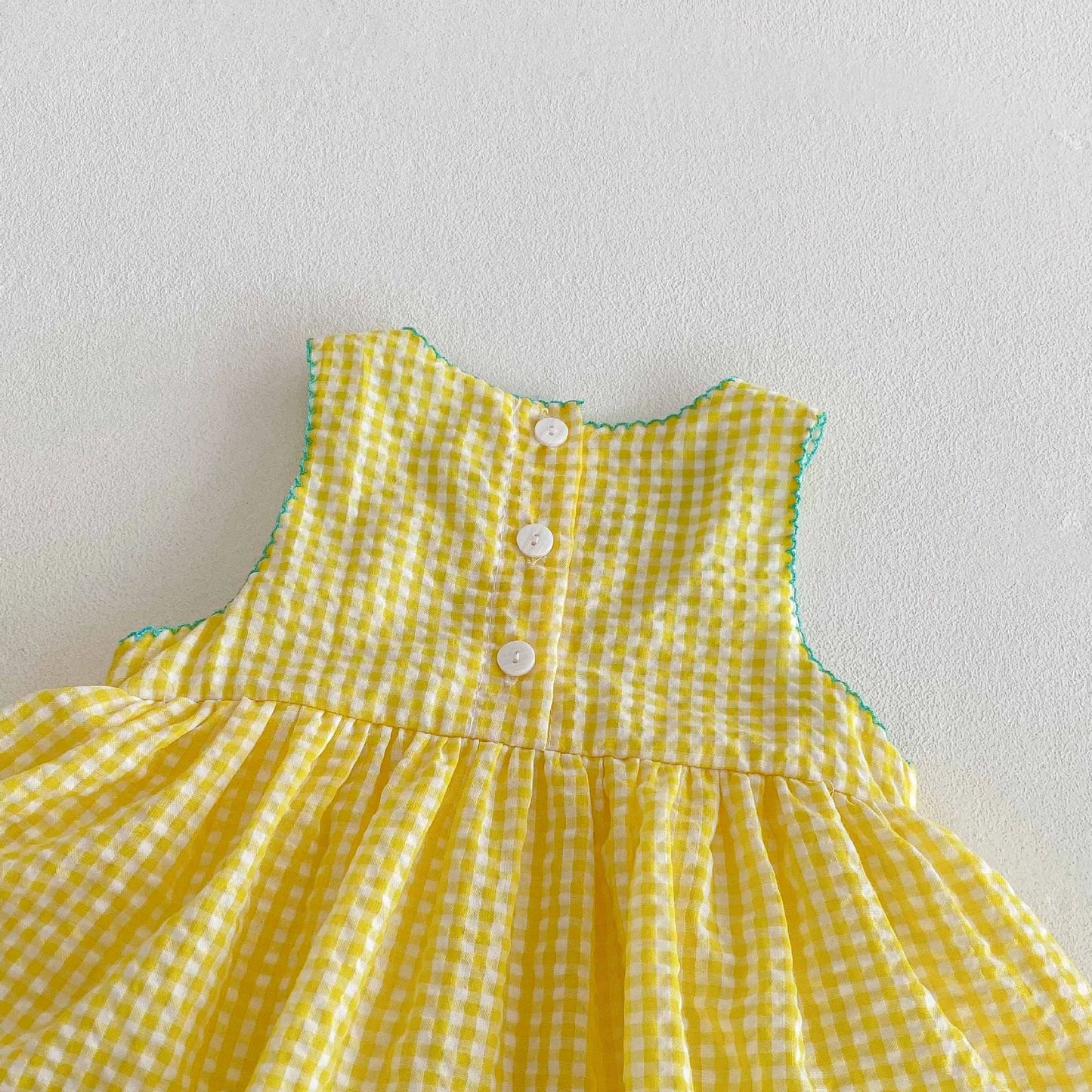 Baby Girl Summer Stylish Sweet Thin Class A Cotton Romper Dress - Cute Cartoon Duck Pattern Yellow Checkered Sleeveless Onesie