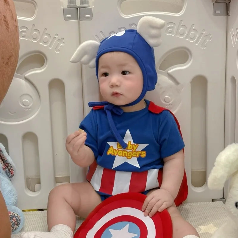 Fall 2025 Korean Superhero Baby Bodysuit Set Costume with Cape Shield & Hat for Cosplay Photoshoot One-Piece High quality Cotton