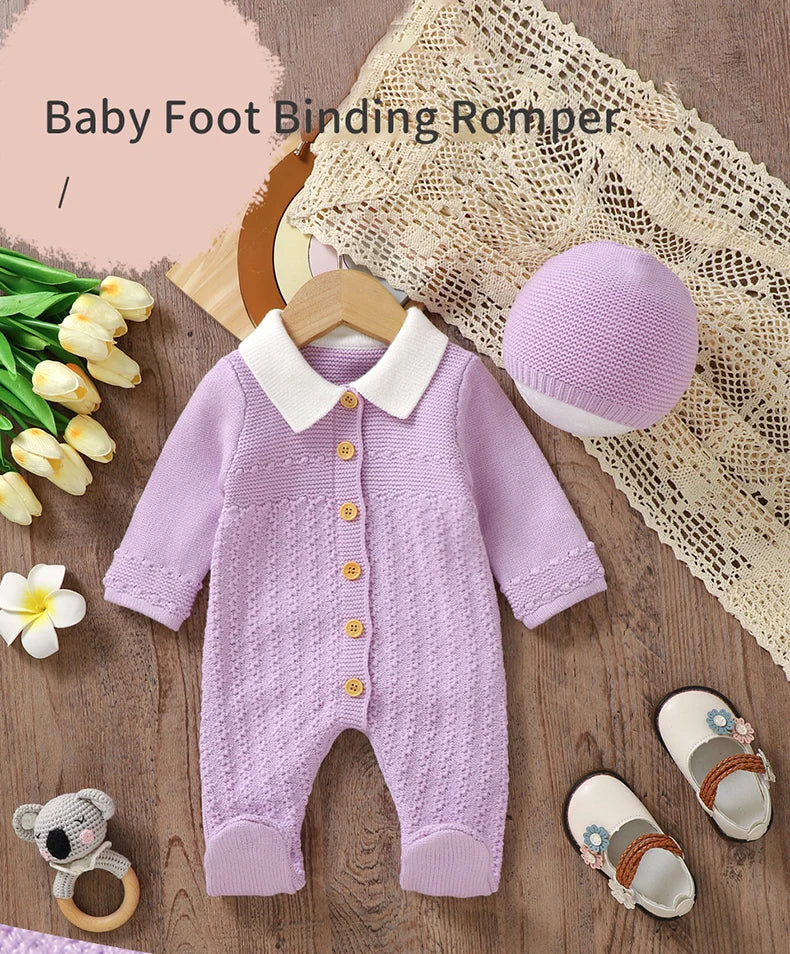 Baby Rompers Set Knit Infant Children Clothes Hat 0-9M Fashion Solid Newborn Girls Jumpsuit Long Sleeve Overalls Pantyhose 2pcs
