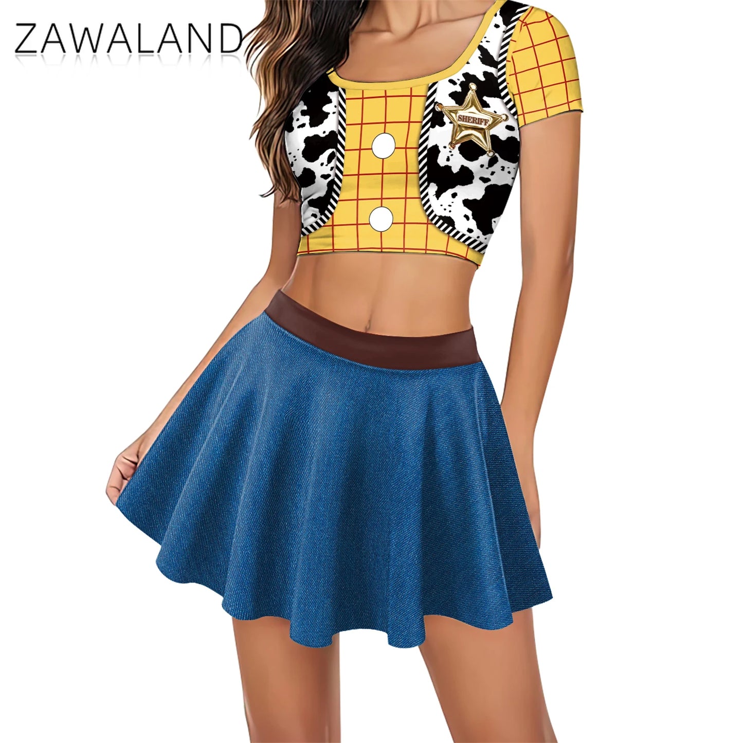Halloween Woody Cosplay Costume For Women Movie Character Print Skirt Set Summer Short Sleeve Crop Top Party Performance Outfits