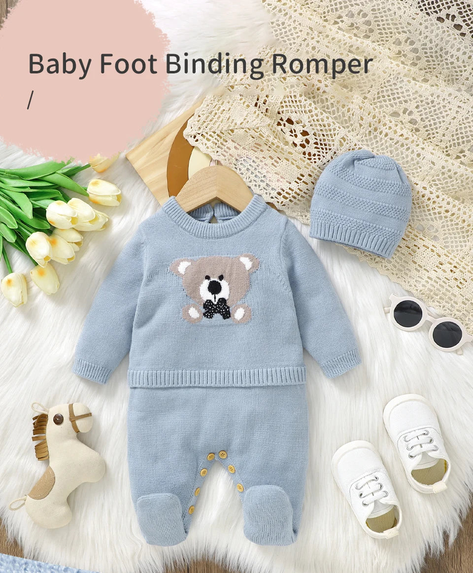 Sweet Autumn Winter Long Sleeve Baby Boys & Girls Rompers + Hat Outfits Soft Knitwear Newborn Infant Bodysuit Jumpsuit Playsuit