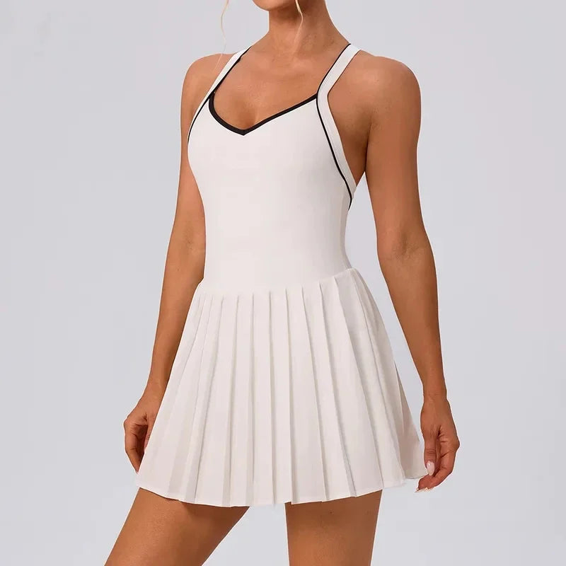 Women's Pleated Tennis Dress with Shorts Moisture-wicking Badminton Dress with Chest Pad Athletic Sports Outfit