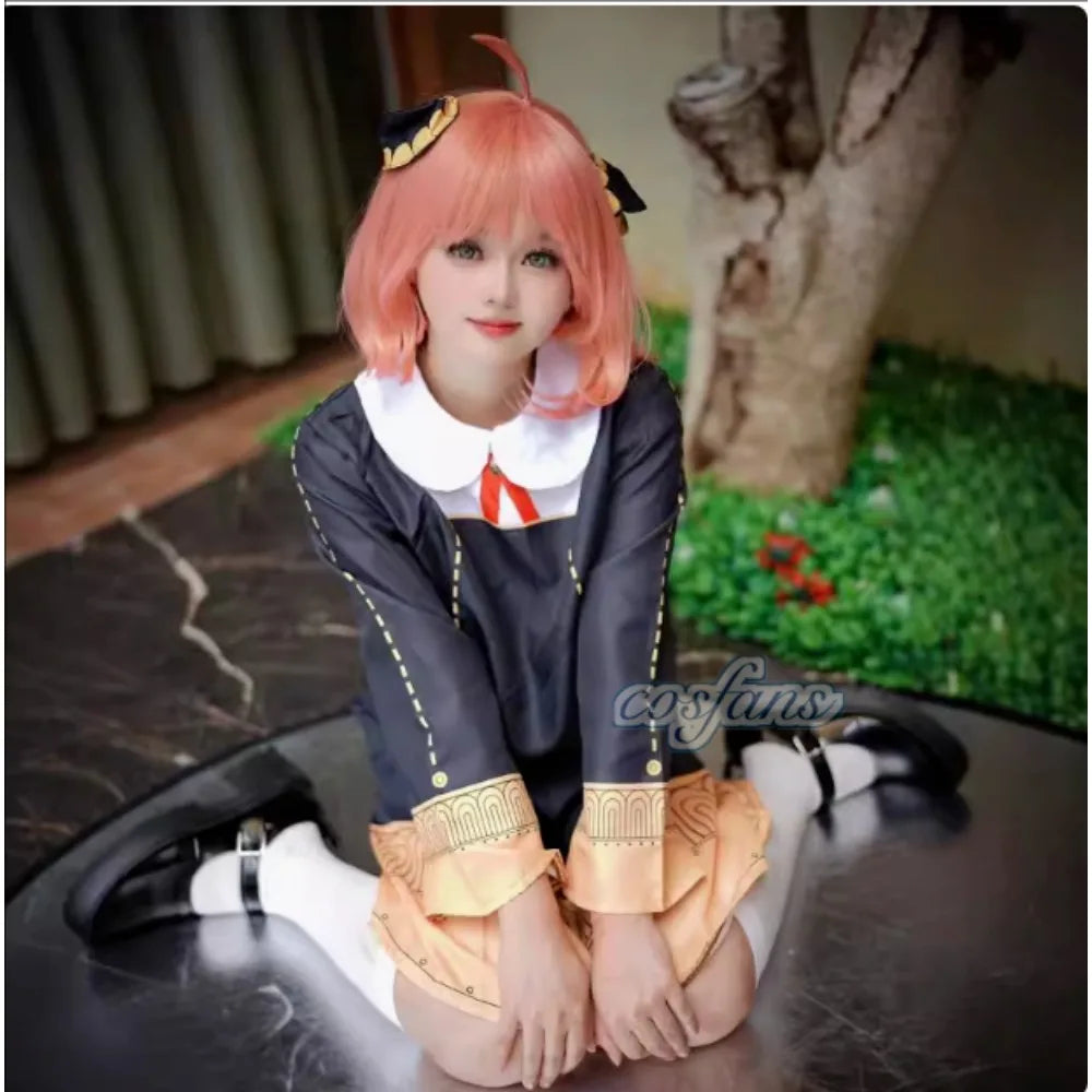 Halloween X Familie Anya Cosplay Costume Kids Adults Black Dress Kawaii Girls Women Dress Pink Wig Party Role Play Outfits