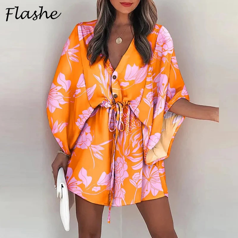 Women Casual Loose Dress Beach Boho Dress Fashion Vintage Print V Neck Drawstring Mini Dress Summer Dresses Robe Femme 2022