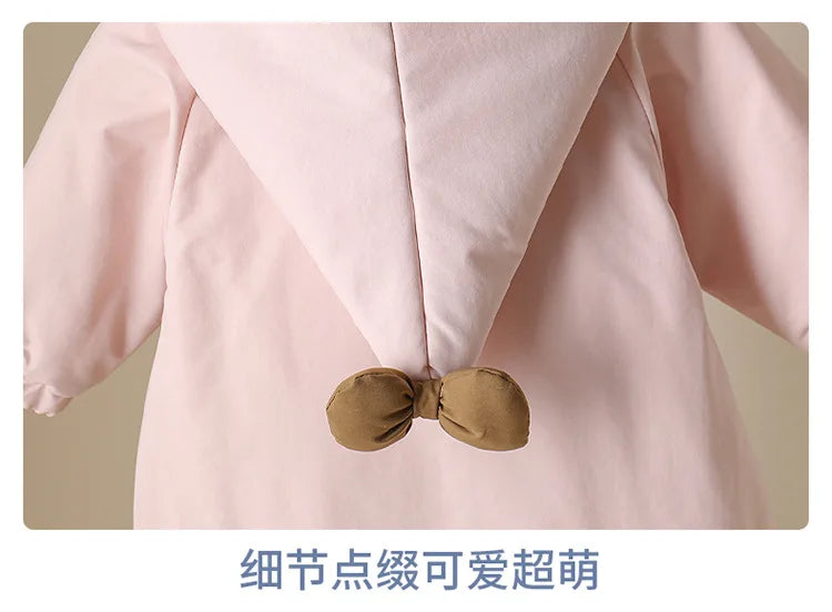 Winter Rompers Baby Girls Clothes Korean Fashion Pink Cute Hooded Bow Warm Thicker Jumpsuit Infant Costume Newborn Items B383