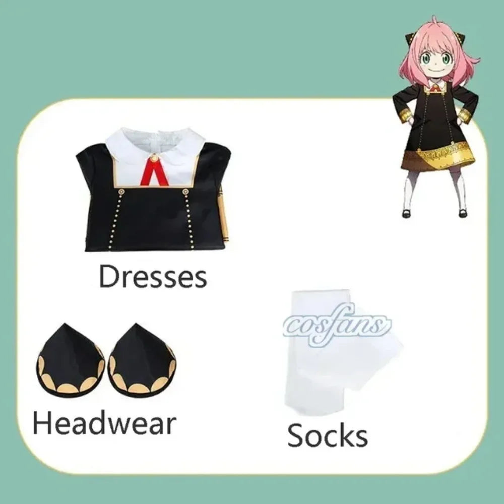 Halloween X Familie Anya Cosplay Costume Kids Adults Black Dress Kawaii Girls Women Dress Pink Wig Party Role Play Outfits