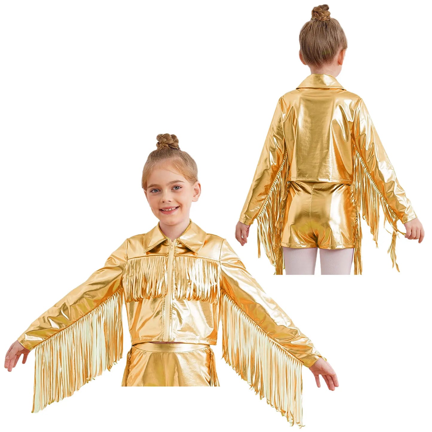 Girl's Tassels Jackets Streetwear Metallic Jazz Dance Costume Turn-Down Collar Childs Fashion Fringe Coats Jacket Party Jacket