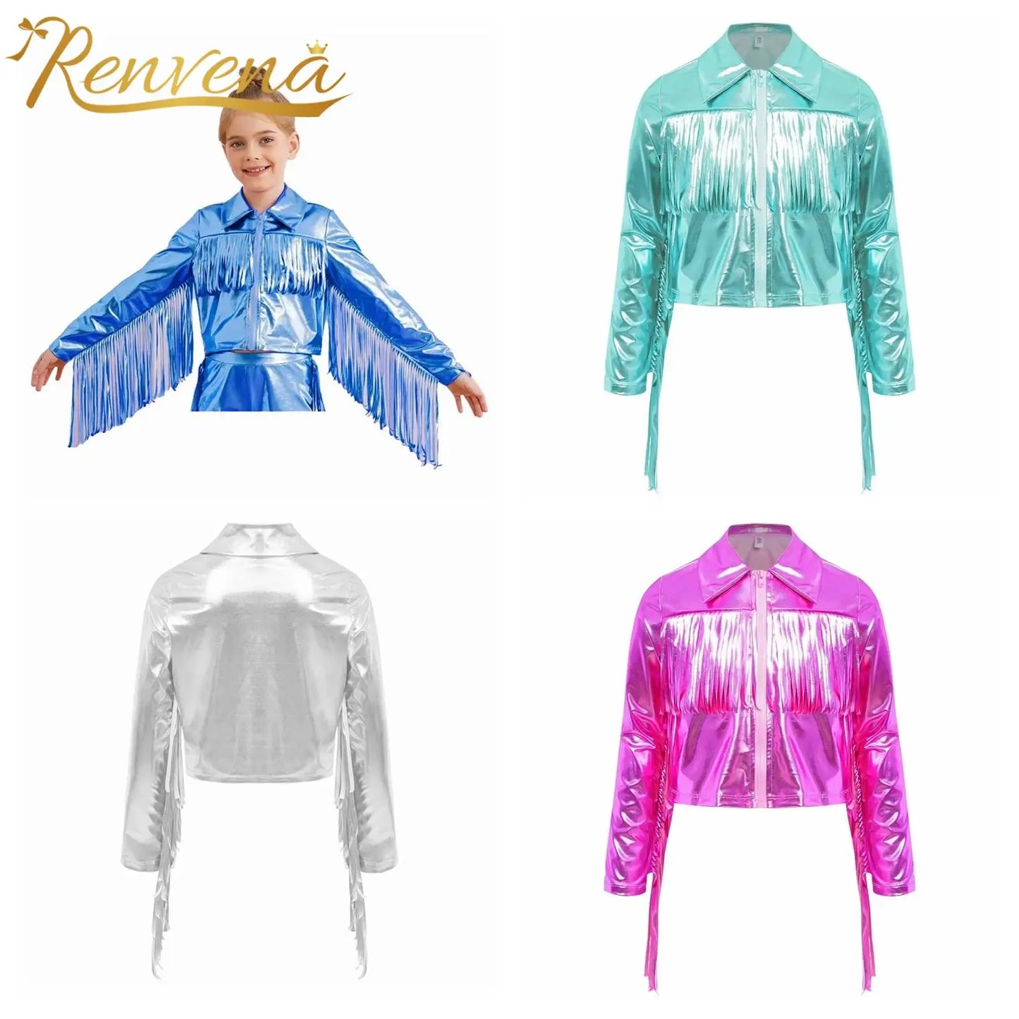 Girl's Tassels Jackets Streetwear Metallic Jazz Dance Costume Turn-Down Collar Childs Fashion Fringe Coats Jacket Party Jacket