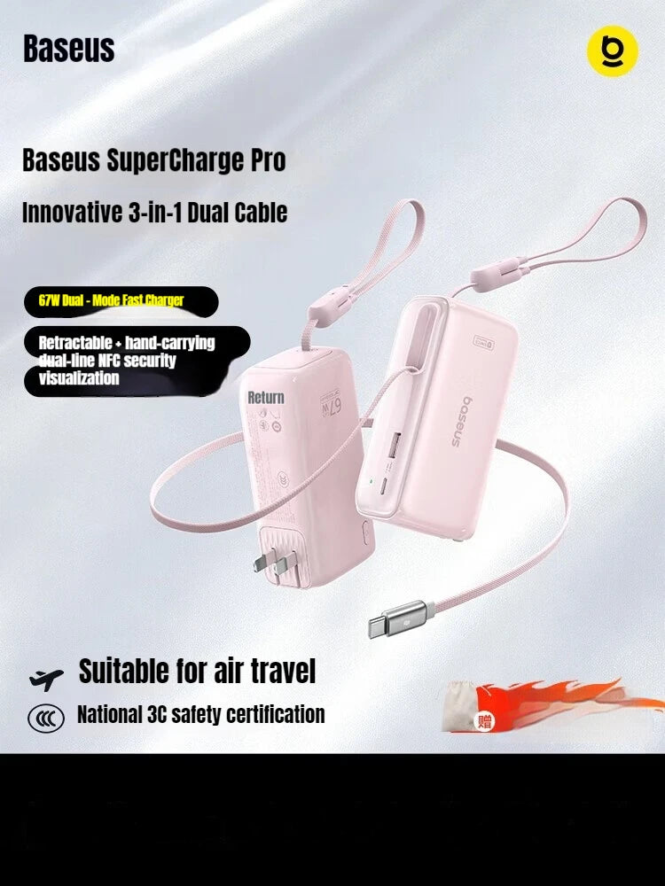 Baseus 67W Pro 3 In 1 Portable Power Bank Retractable Cable Charger 3C Certified Airline Approved For Smartphone 10000mah